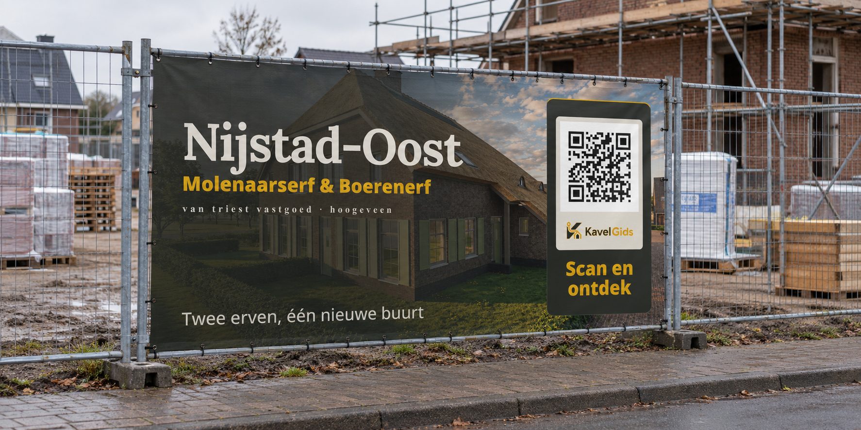 Bouwhekdoek van Nijstad-Oost met QR-code en het KavelGids-logo