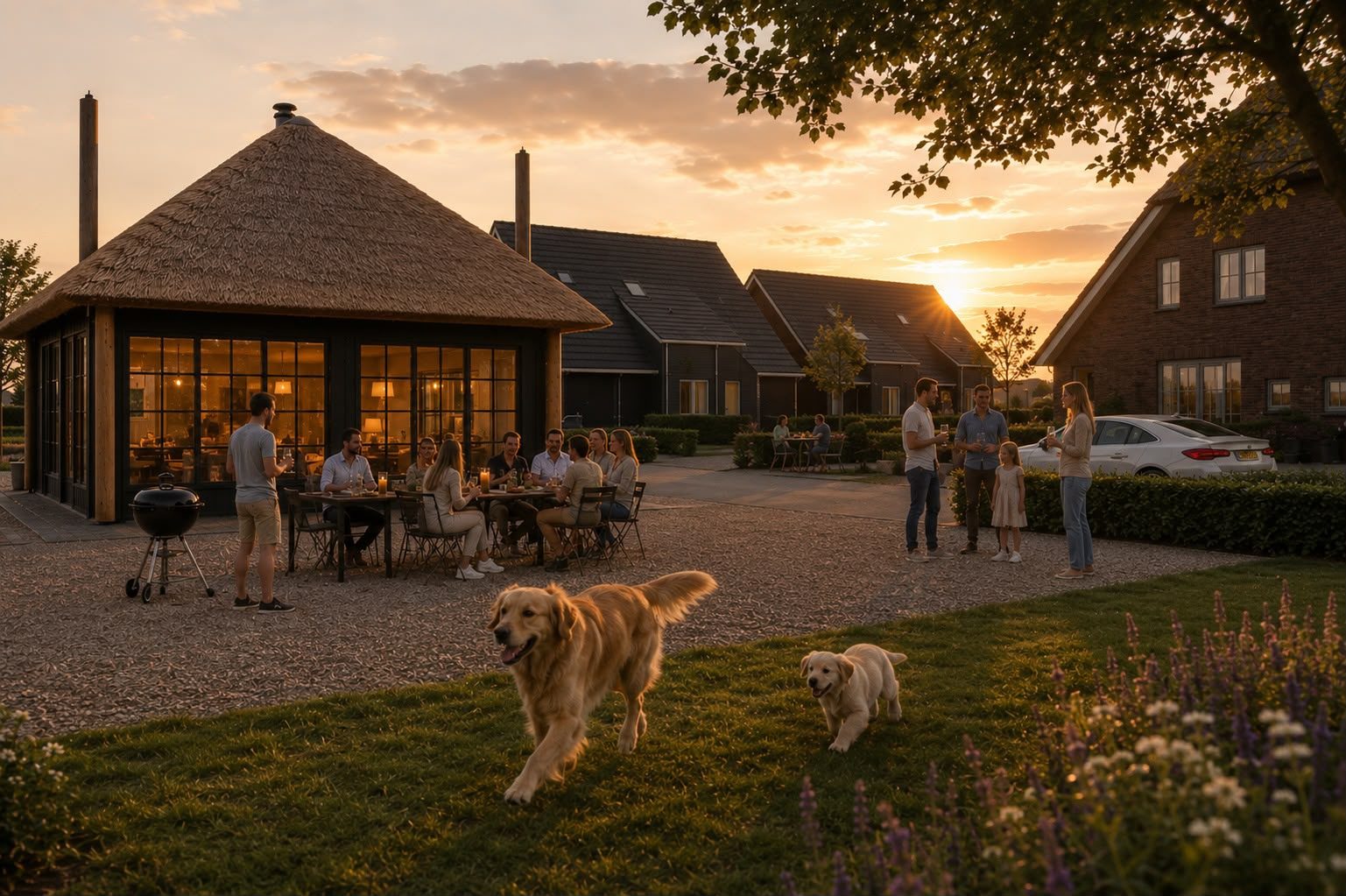 Buren aan de lange tafel onder de hooimijt, met honden op het erf