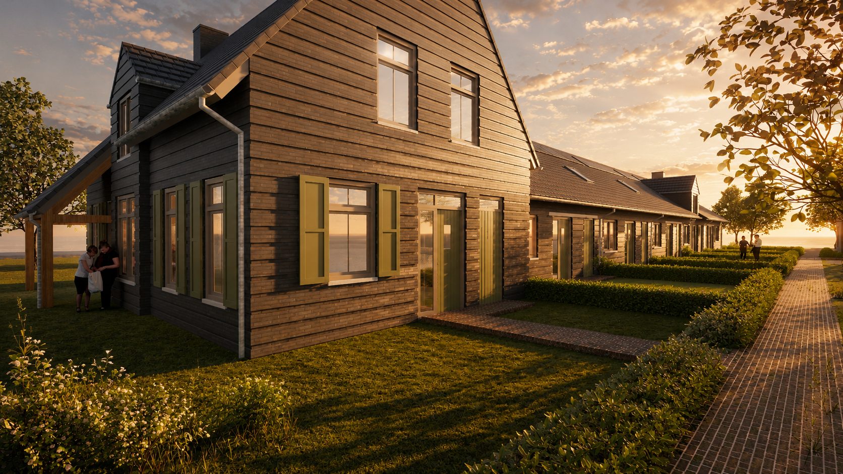 Kopwoning met groene luiken in avondlicht