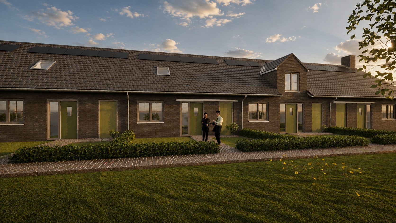 Rij tussenwoningen met voortuinen en hagen